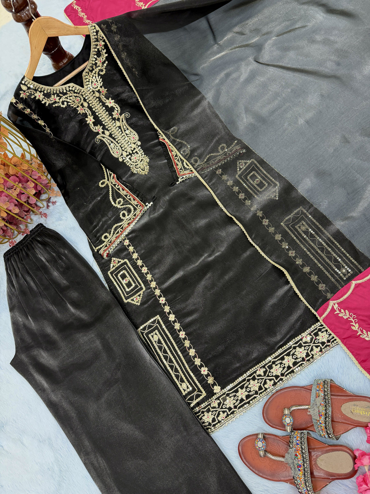 Black Jimmy Choo Kurta Set with Contrast Dupatta, view 5