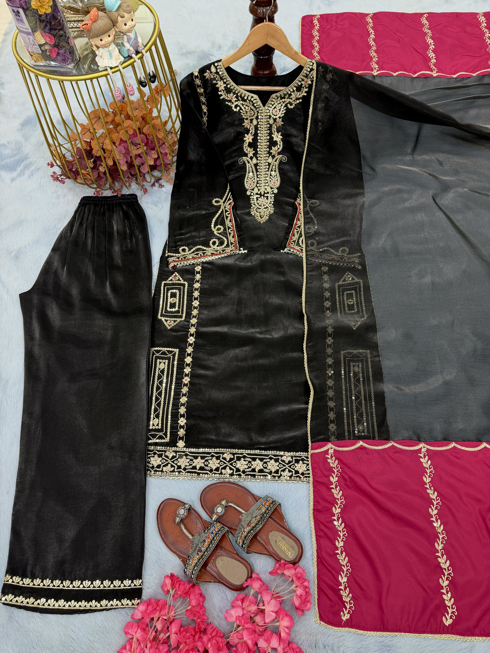 Black Jimmy Choo Kurta Set with Contrast Dupatta, view 6