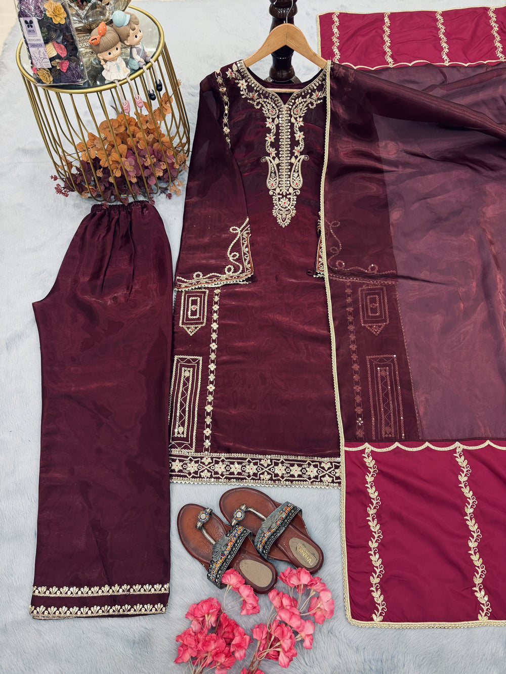 Wine Jimmy Choo Kurta Set with Contrast Dupatta, view 2