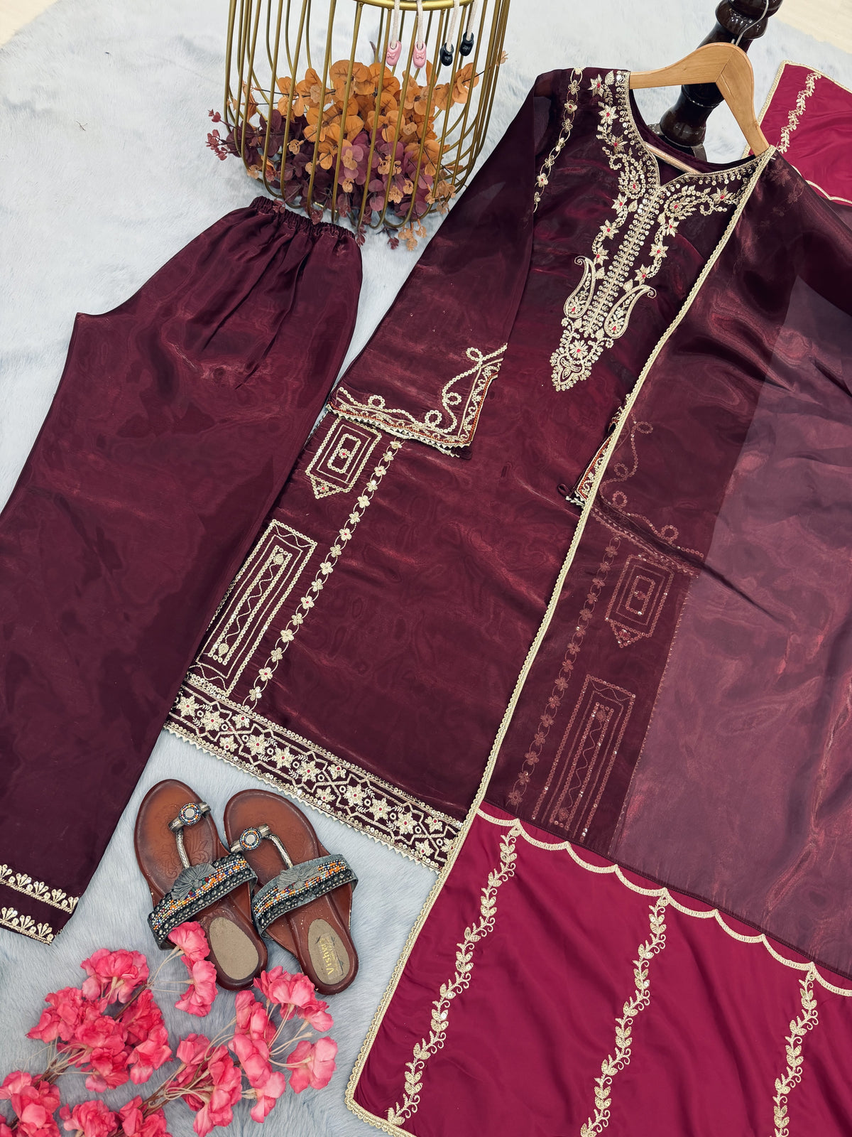 Wine Jimmy Choo Kurta Set with Contrast Dupatta, view 3
