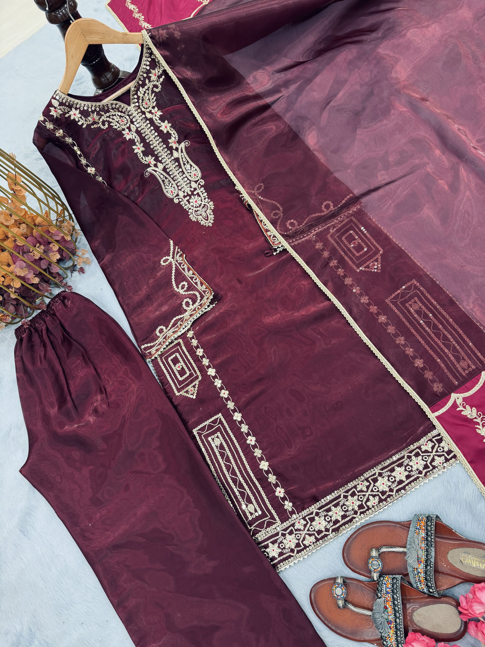 Wine Jimmy Choo Kurta Set with Contrast Dupatta, view 4