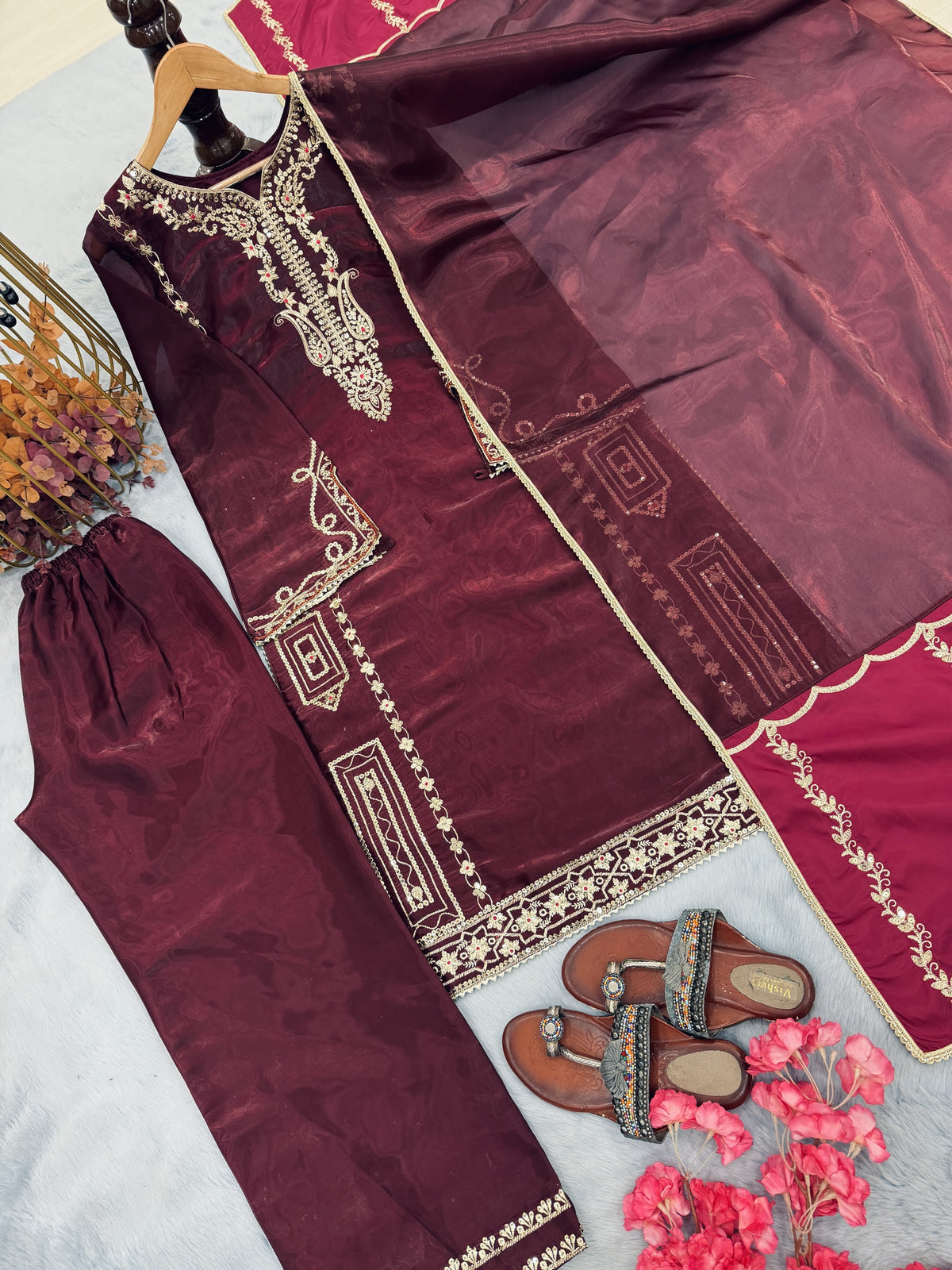 Wine Jimmy Choo Kurta Set with Contrast Dupatta, view 5