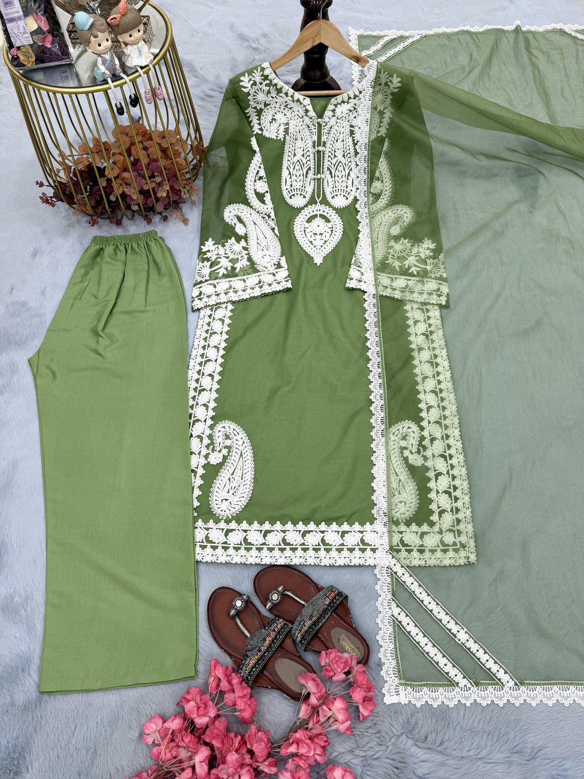 Sage Green Organza Kurta Palazzo Set, view 6