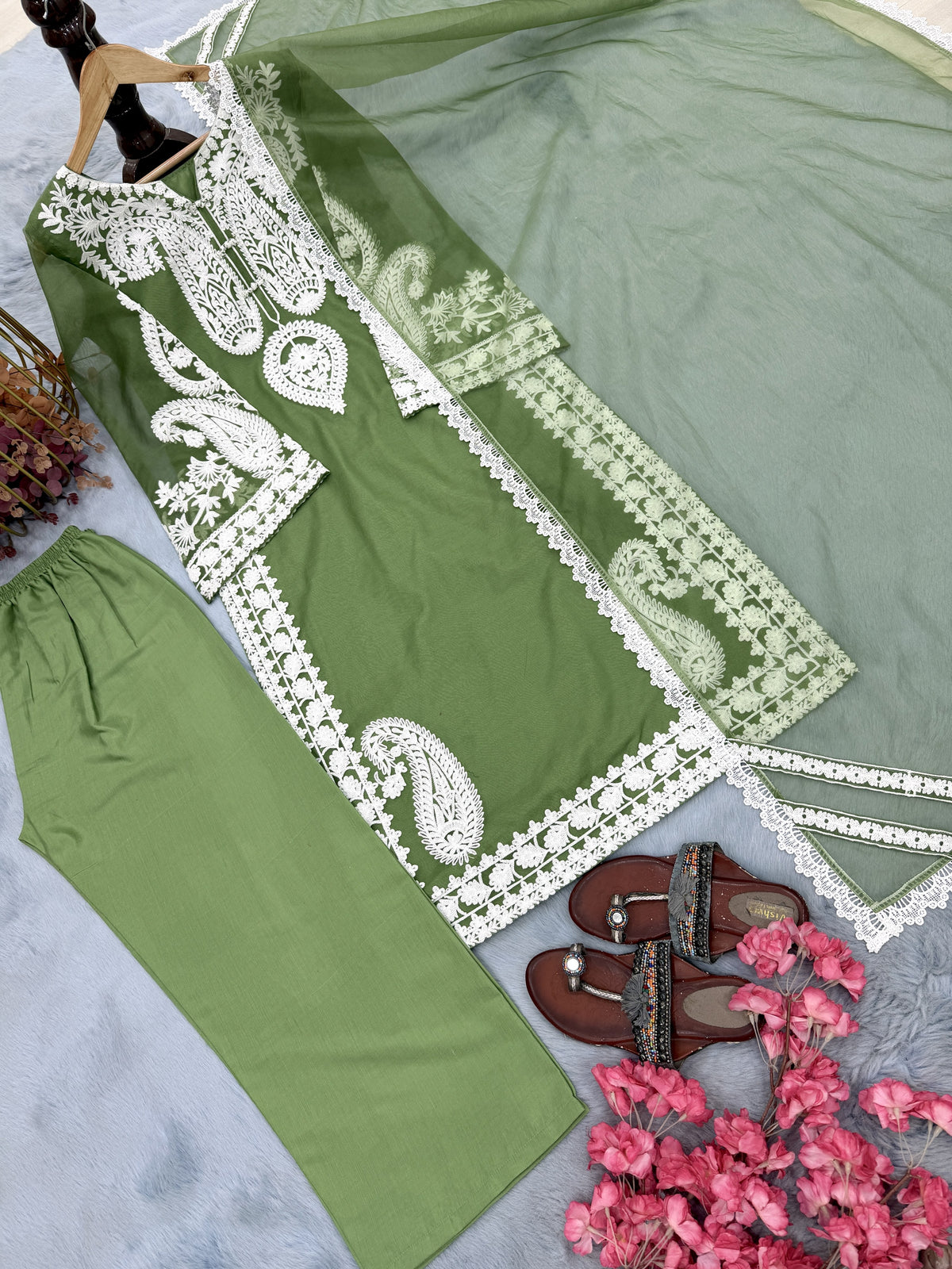 Sage Green Organza Kurta Palazzo Set, view 7
