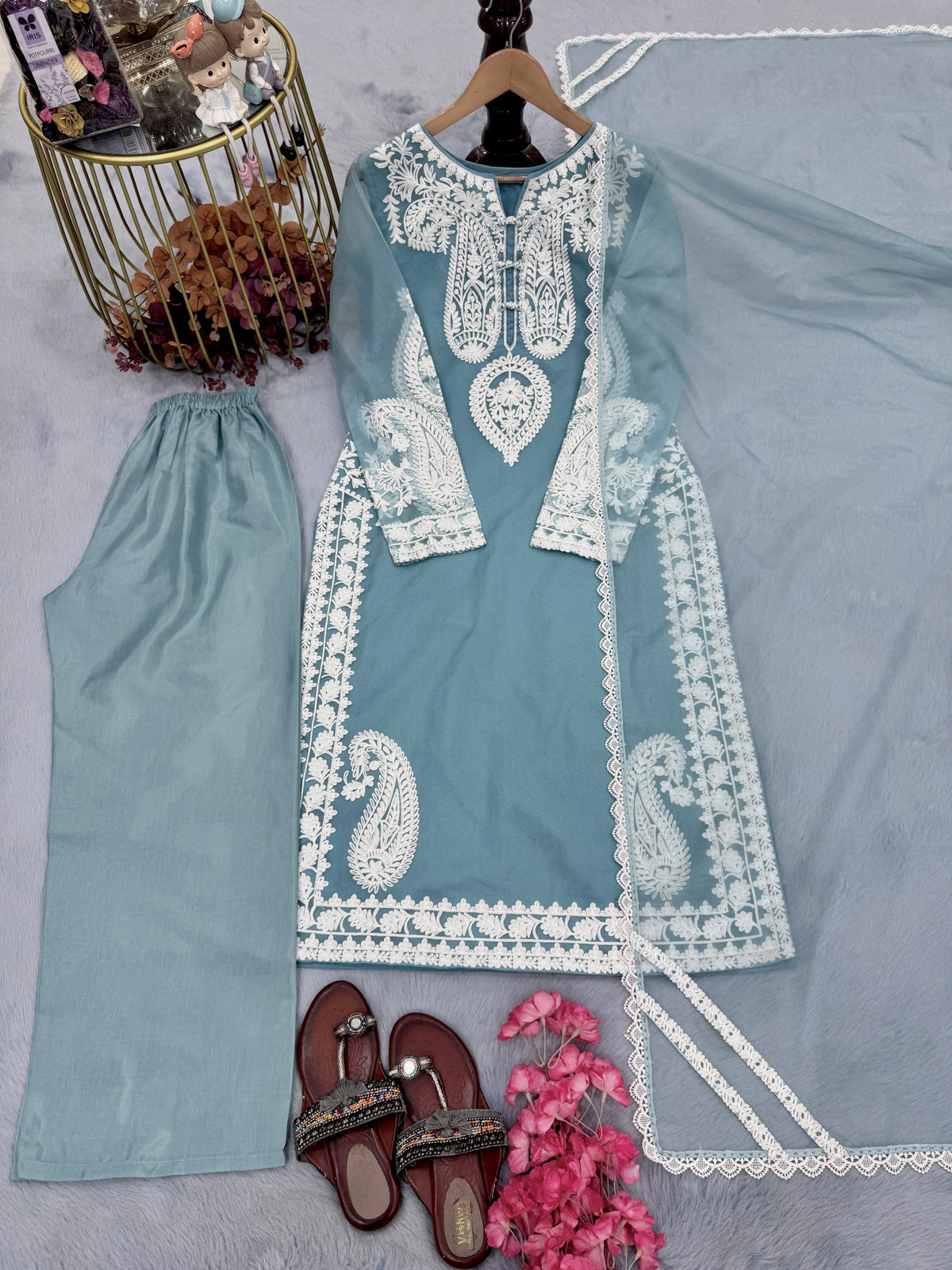 Powder Blue Organza Kurta Palazzo Set, view 4
