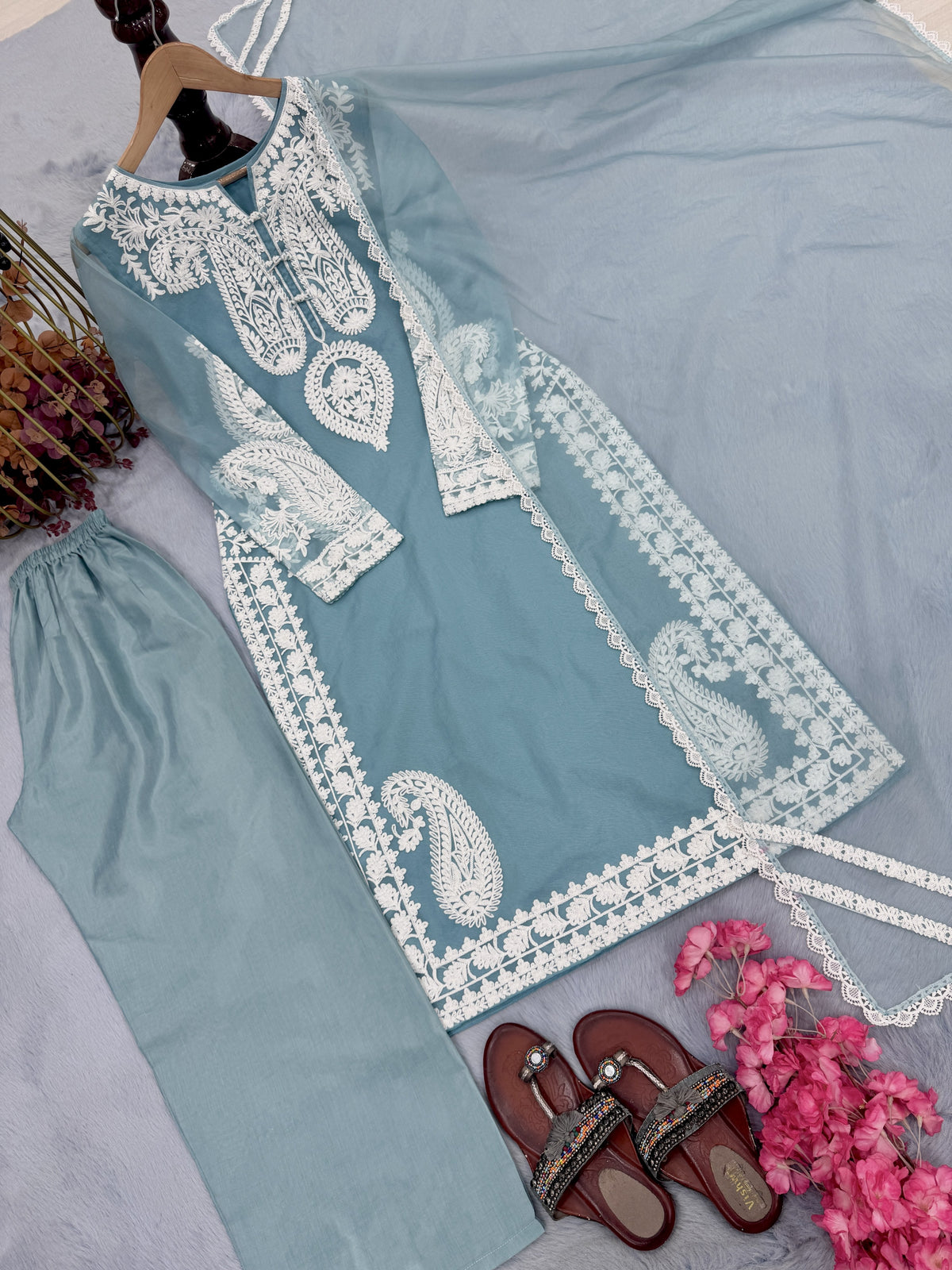 Powder Blue Organza Kurta Palazzo Set, view 5