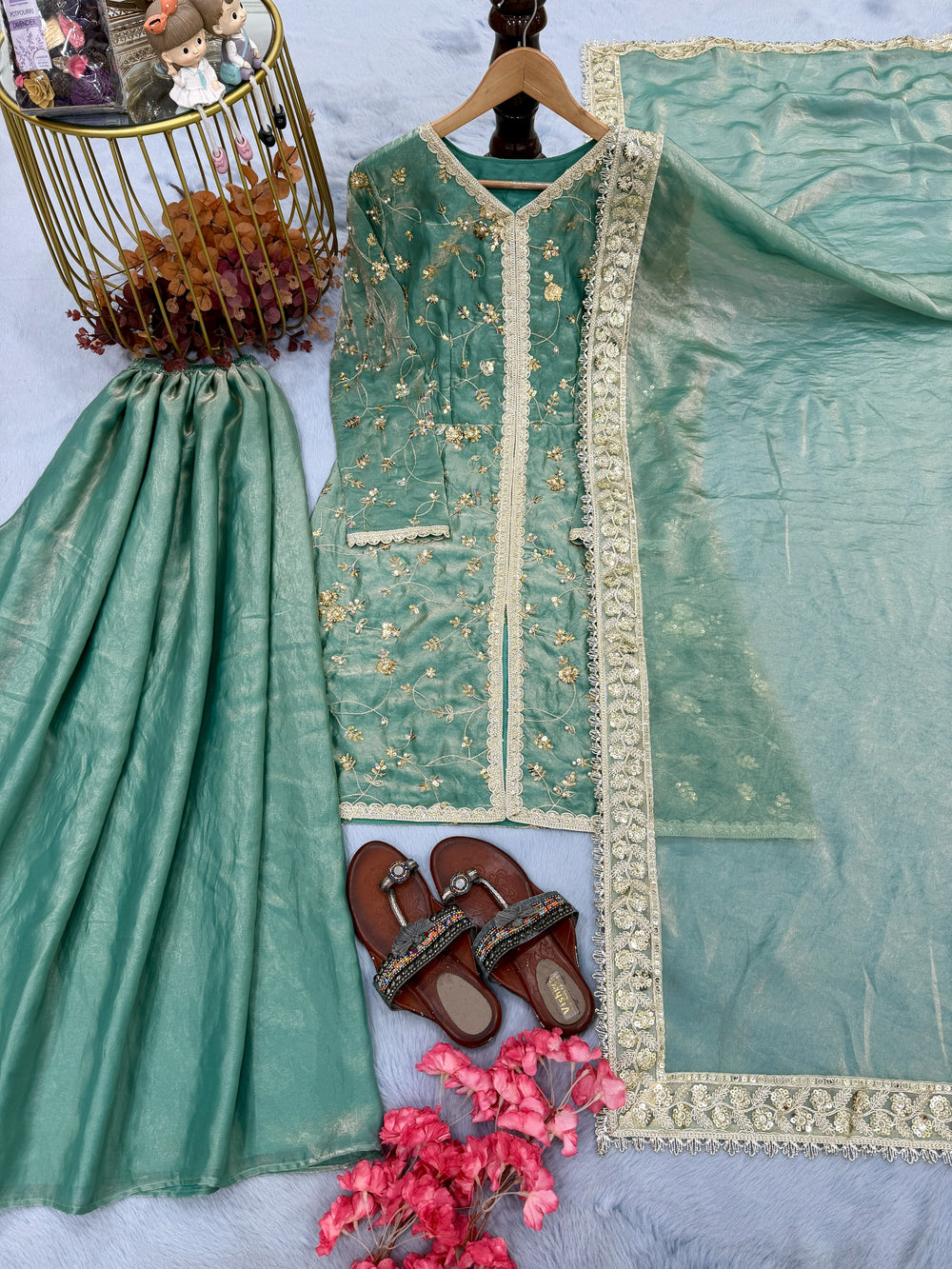 Sea Green Fendi Silk Short Kurta Palazzo Set, view 7