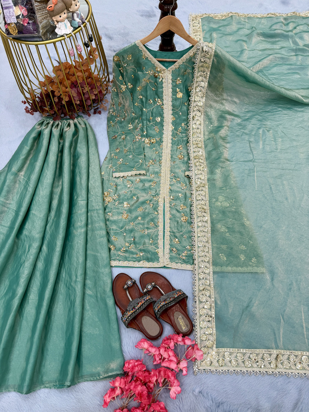 Sea Green Fendi Silk Short Kurta Palazzo Set, view 7