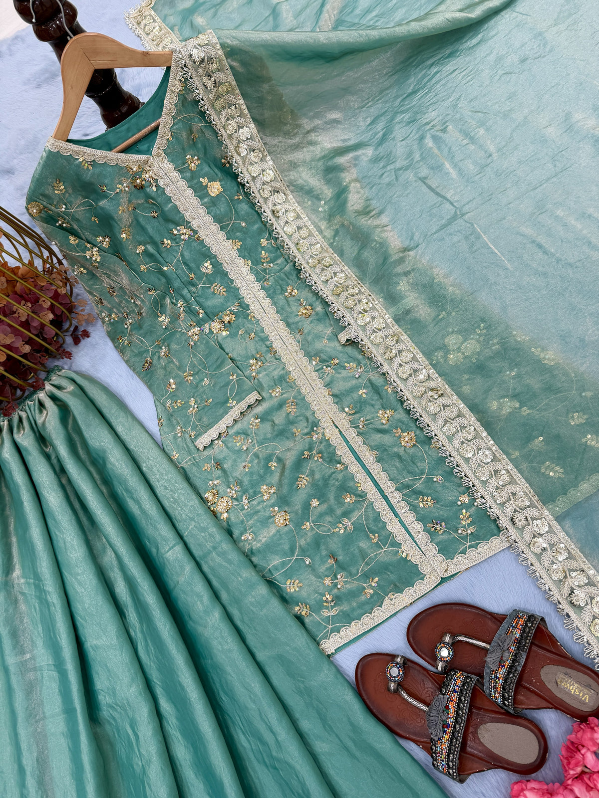 Sea Green Fendi Silk Short Kurta Palazzo Set, view 8