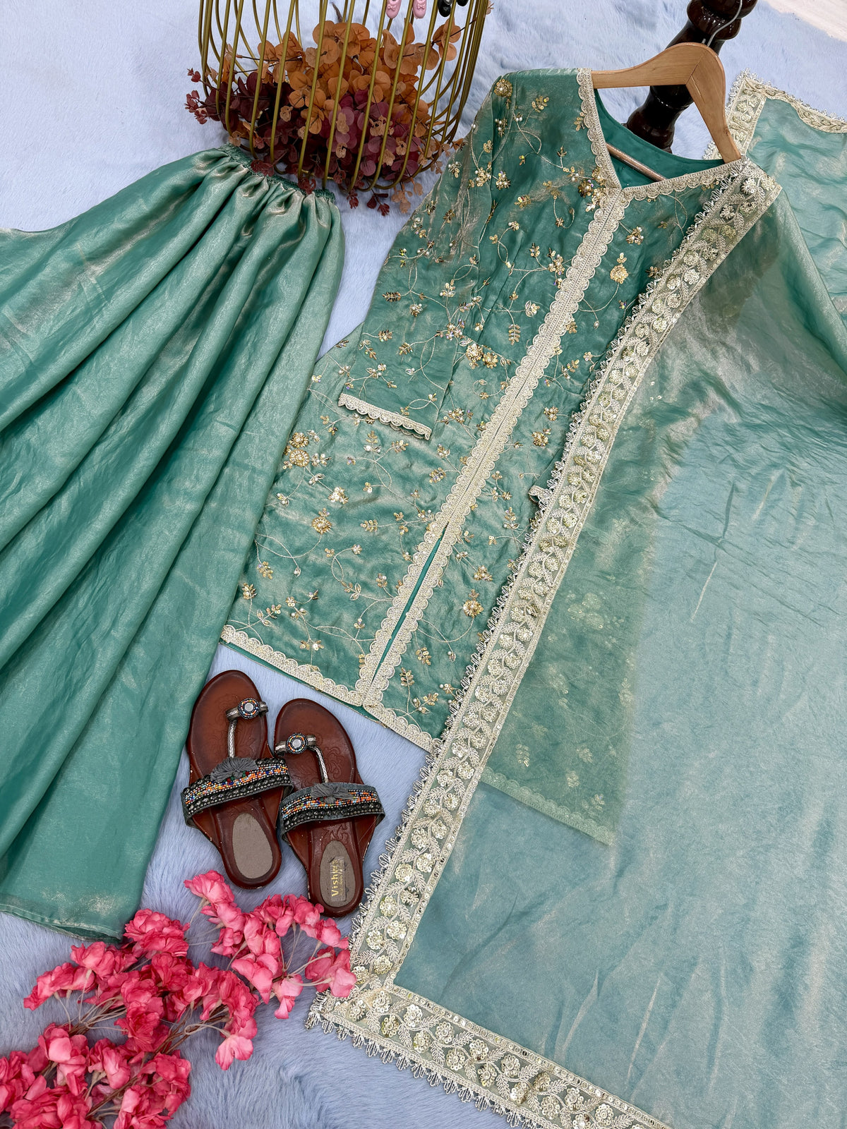 Sea Green Fendi Silk Short Kurta Palazzo Set, view 9