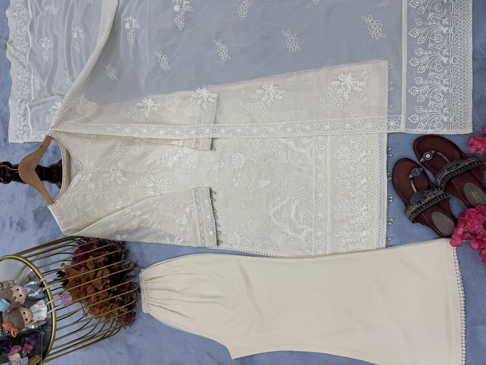 Cream Faux Georgette Kurta Palazzo Set, view 7