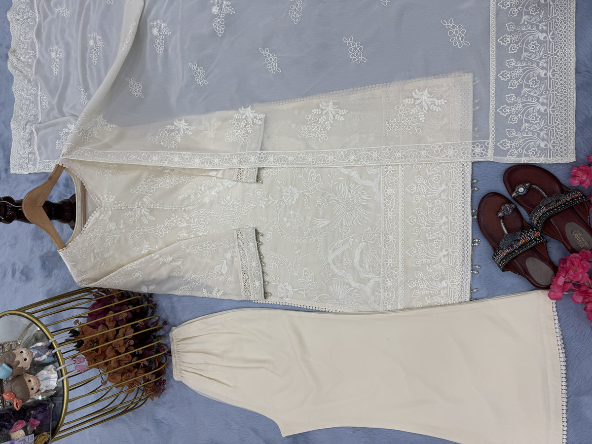 Cream Faux Georgette Kurta Palazzo Set, view 7
