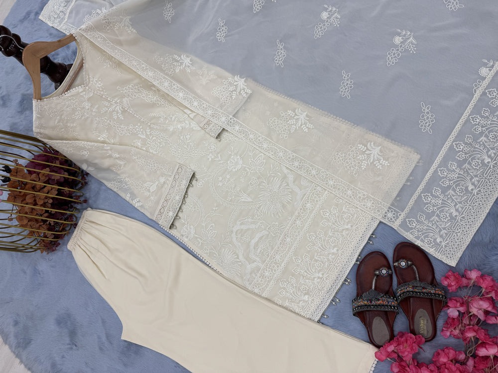 Cream Faux Georgette Kurta Palazzo Set, view 8