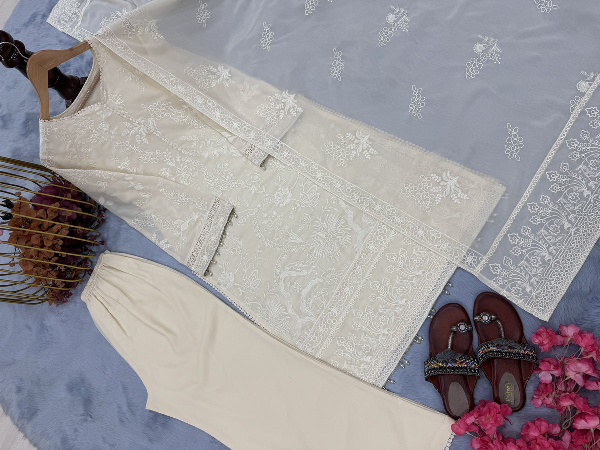 Cream Faux Georgette Kurta Palazzo Set, view 8