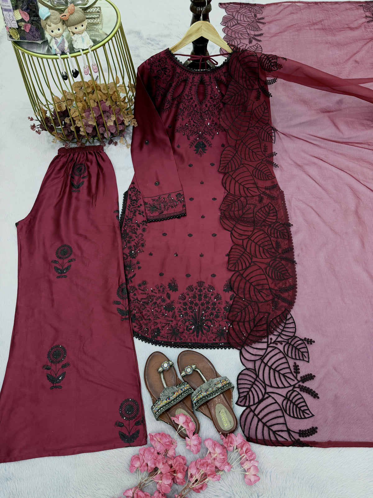 Wine Satin Kurta Set with Organza Dupatta, view 5