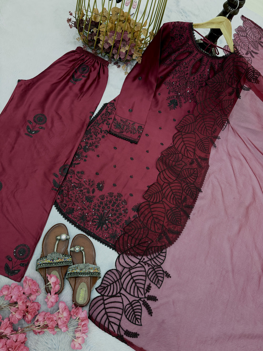 Wine Satin Kurta Set with Organza Dupatta, view 6