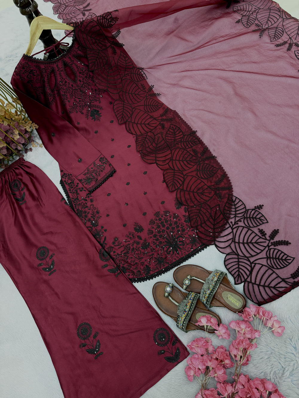 Wine Satin Kurta Set with Organza Dupatta, view 7