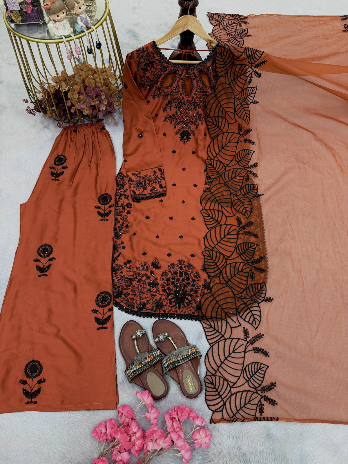 Rust Satin Kurta Set with Organza Dupatta, view 5
