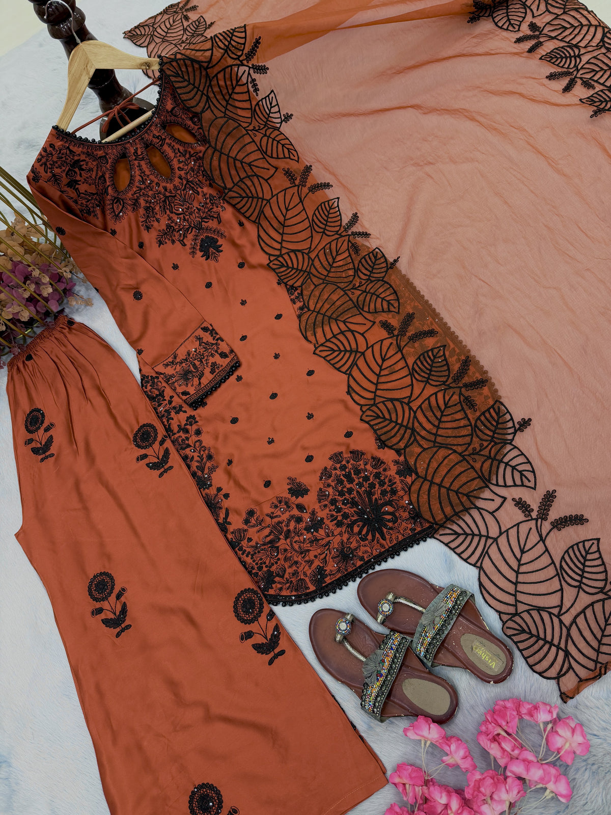 Rust Satin Kurta Set with Organza Dupatta, view 6