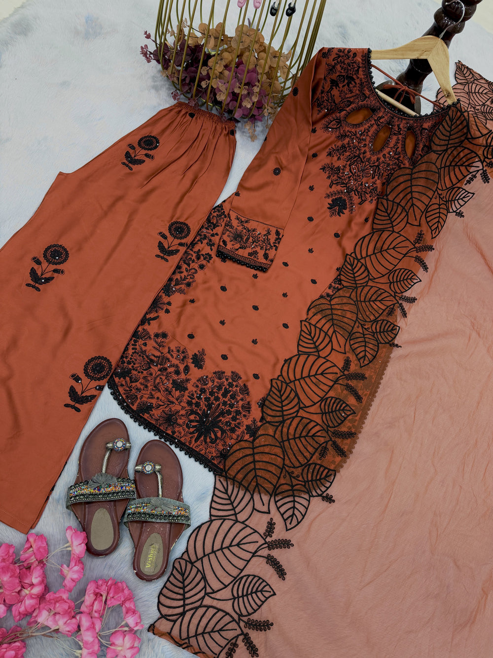 Rust Satin Kurta Set with Organza Dupatta, view 7