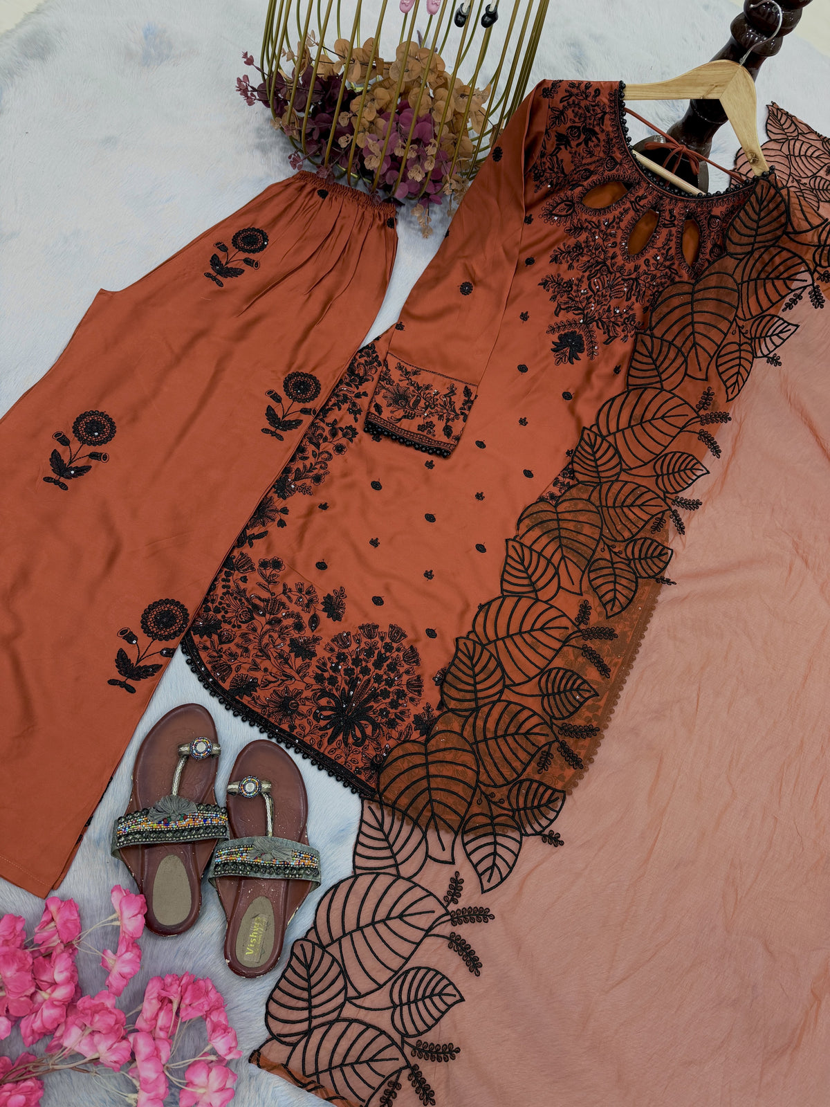Rust Satin Kurta Set with Organza Dupatta, view 7