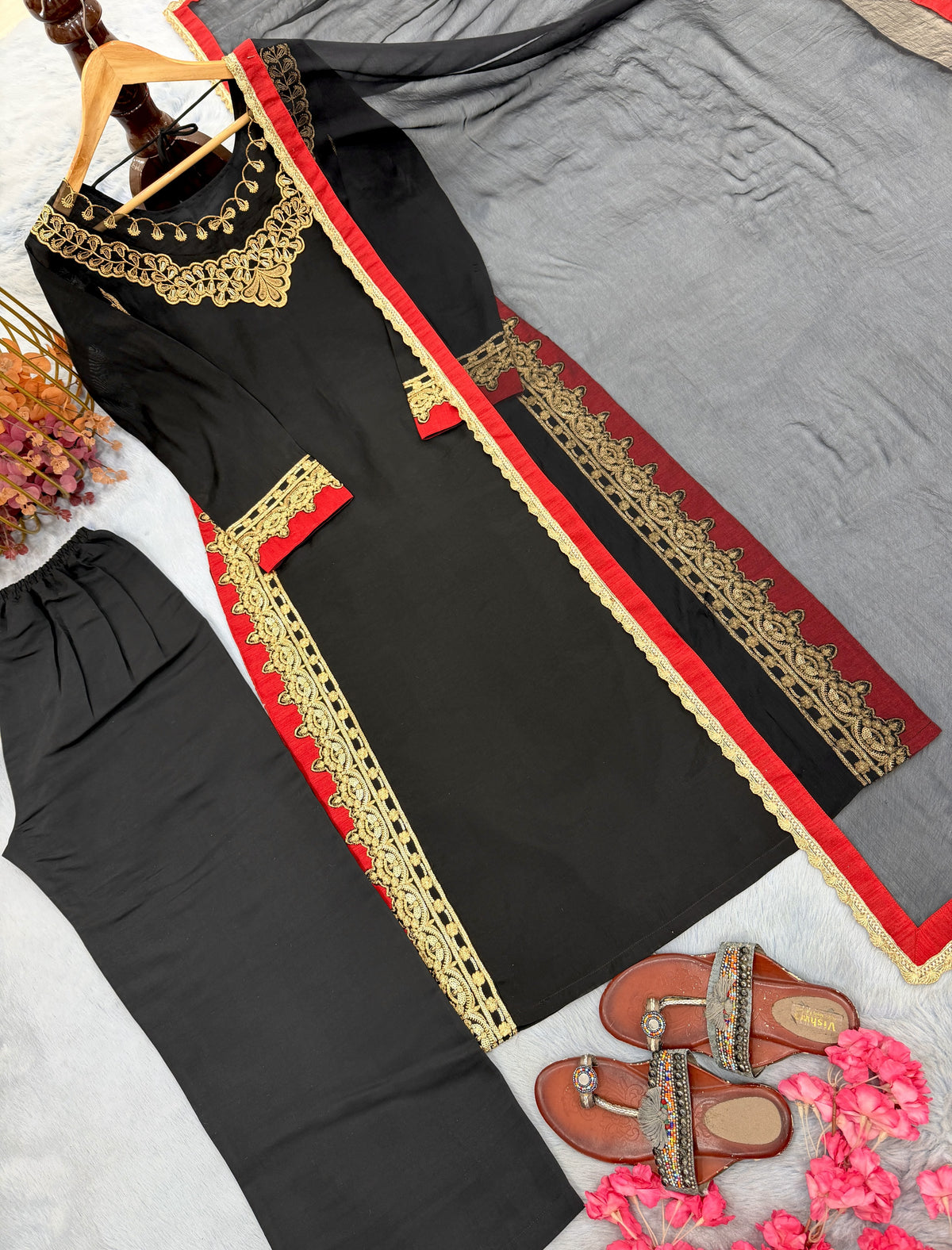 Black Chanderi Kurta Palazzo Set, view 7