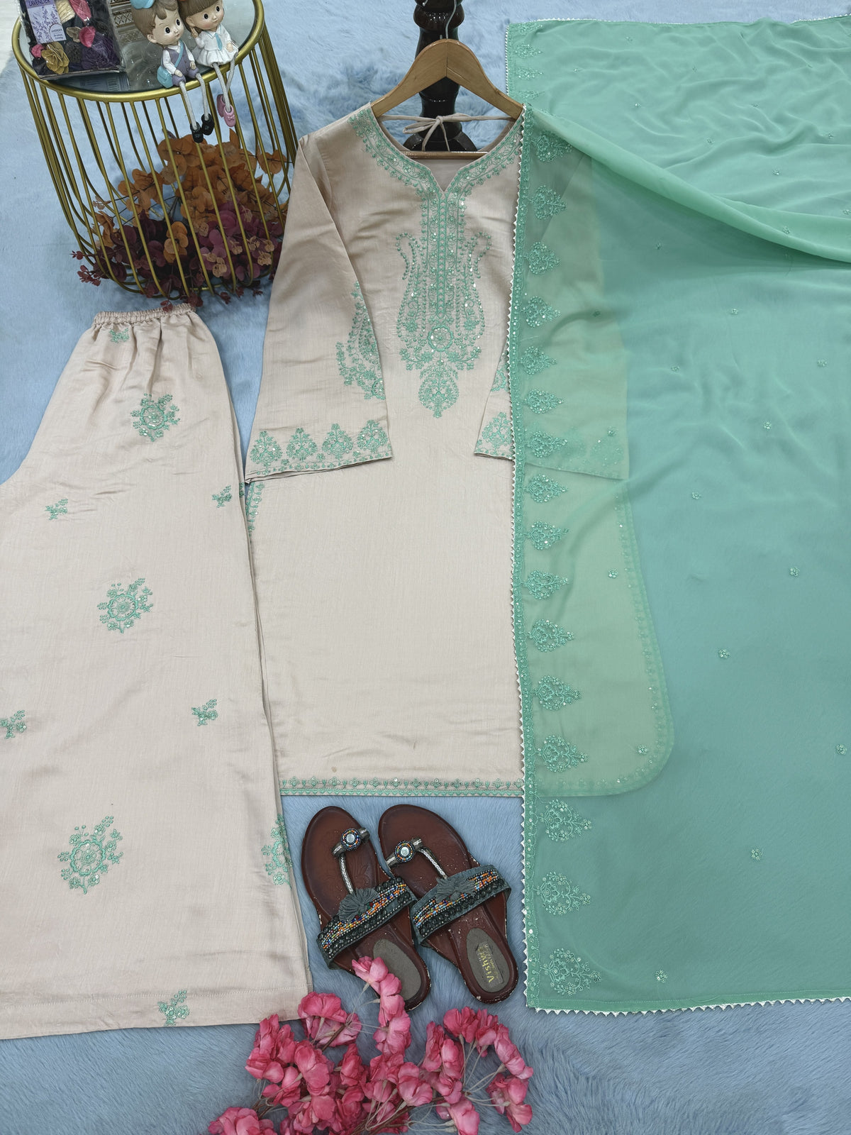 Beige Roman Silk Kurta Palazzo Set, view 6