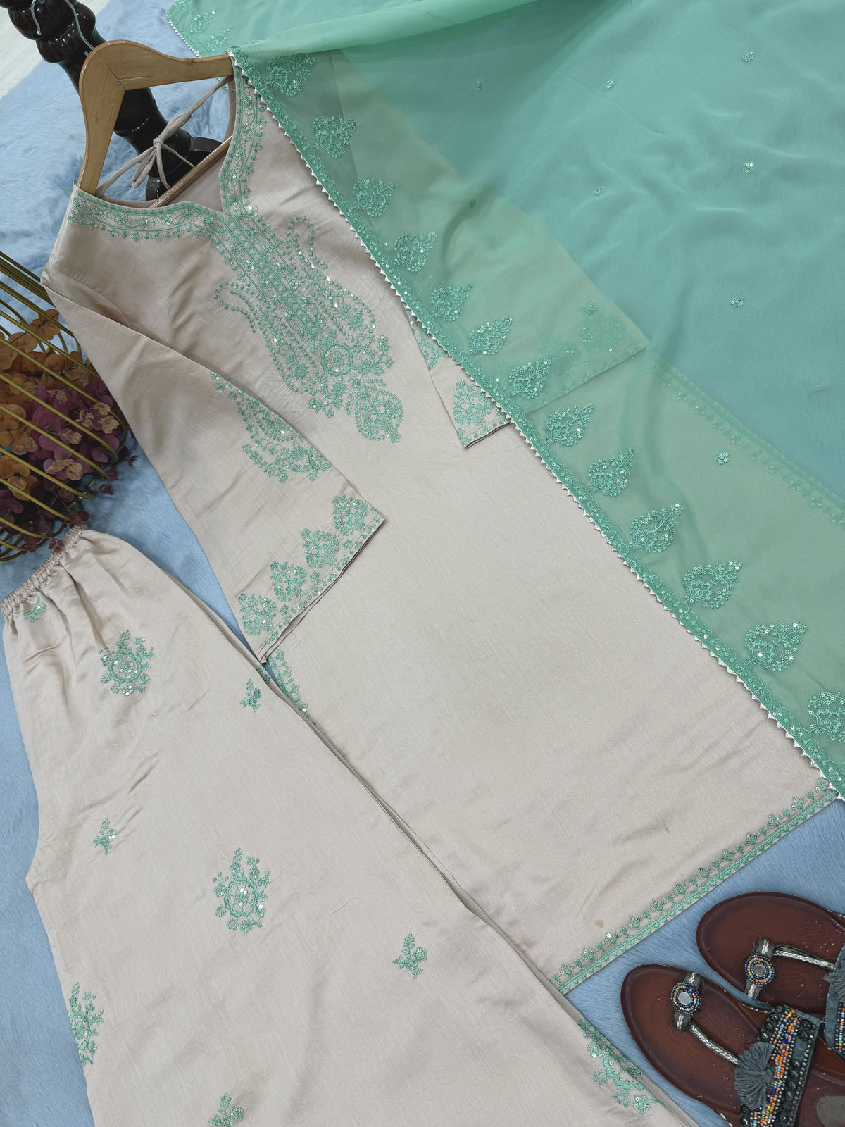 Beige Roman Silk Kurta Palazzo Set, view 7