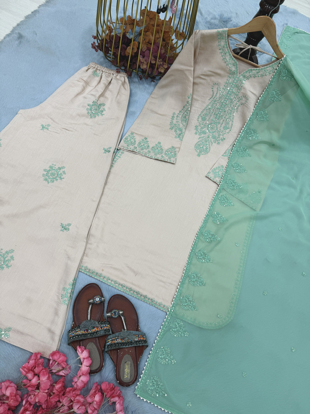 Beige Roman Silk Kurta Palazzo Set, view 8