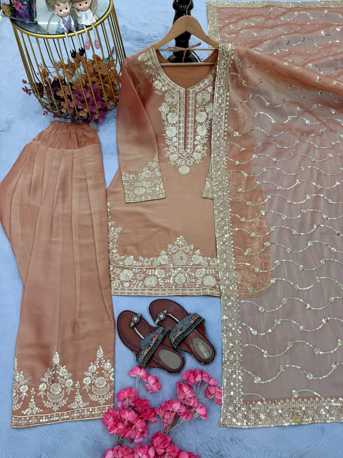 Peach Moss Silk Farshi Palazzo Set, view 5