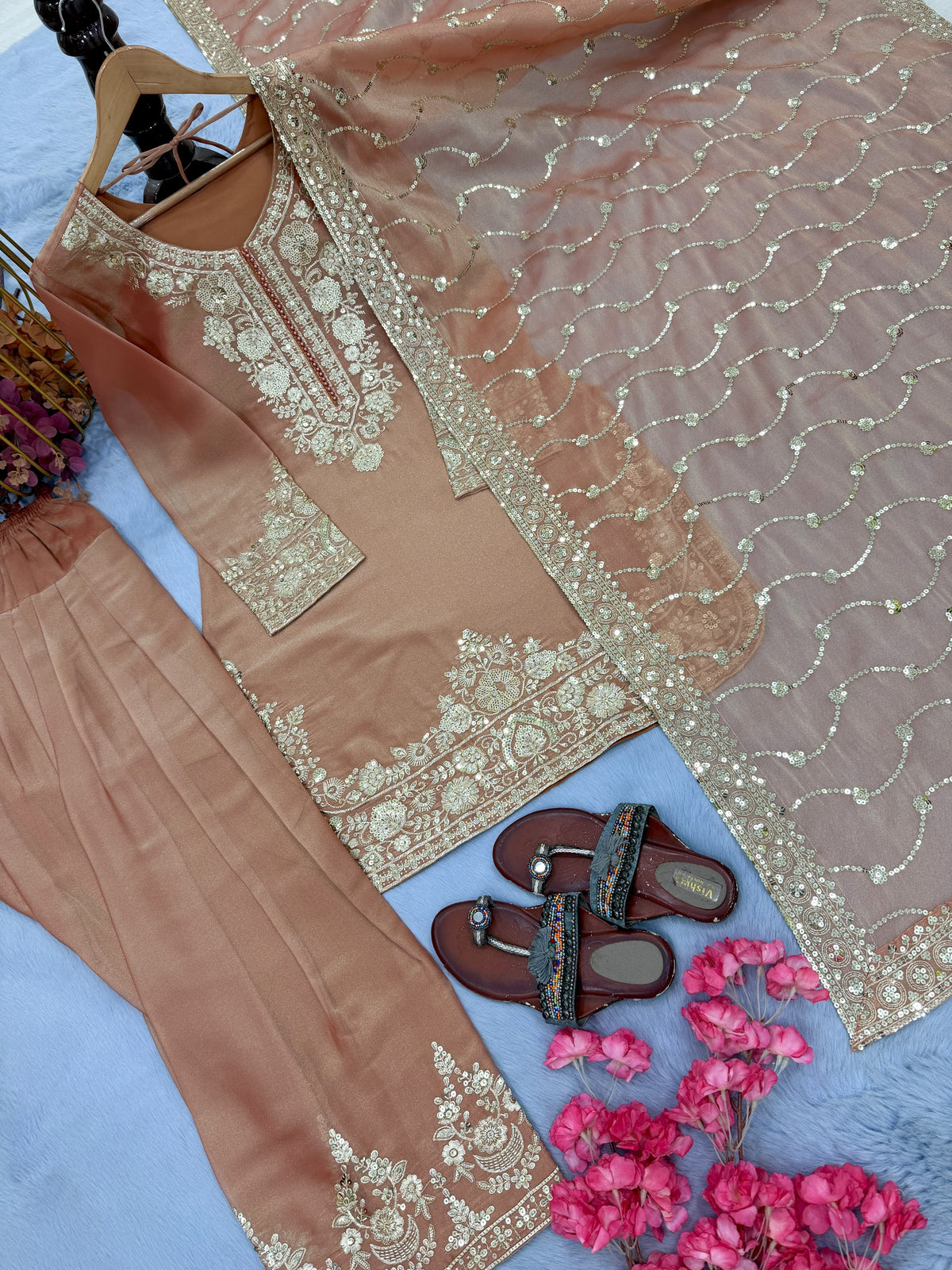 Peach Moss Silk Farshi Palazzo Set, view 6