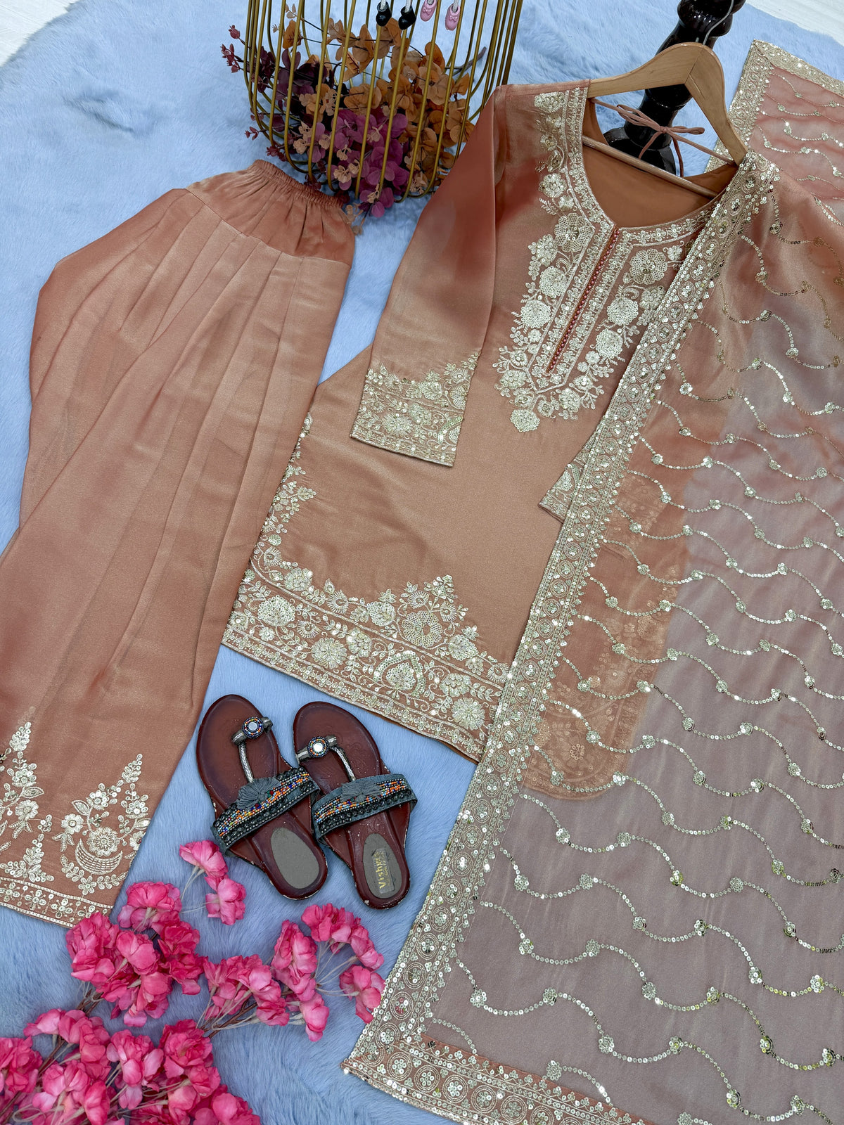 Peach Moss Silk Farshi Palazzo Set, view 7