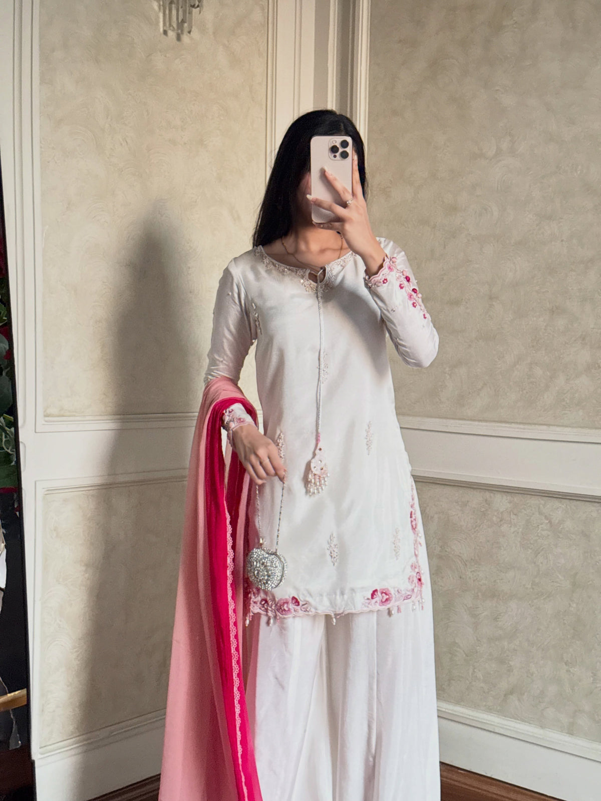 White Crepe Silk Kurta Palazzo Set, view 5