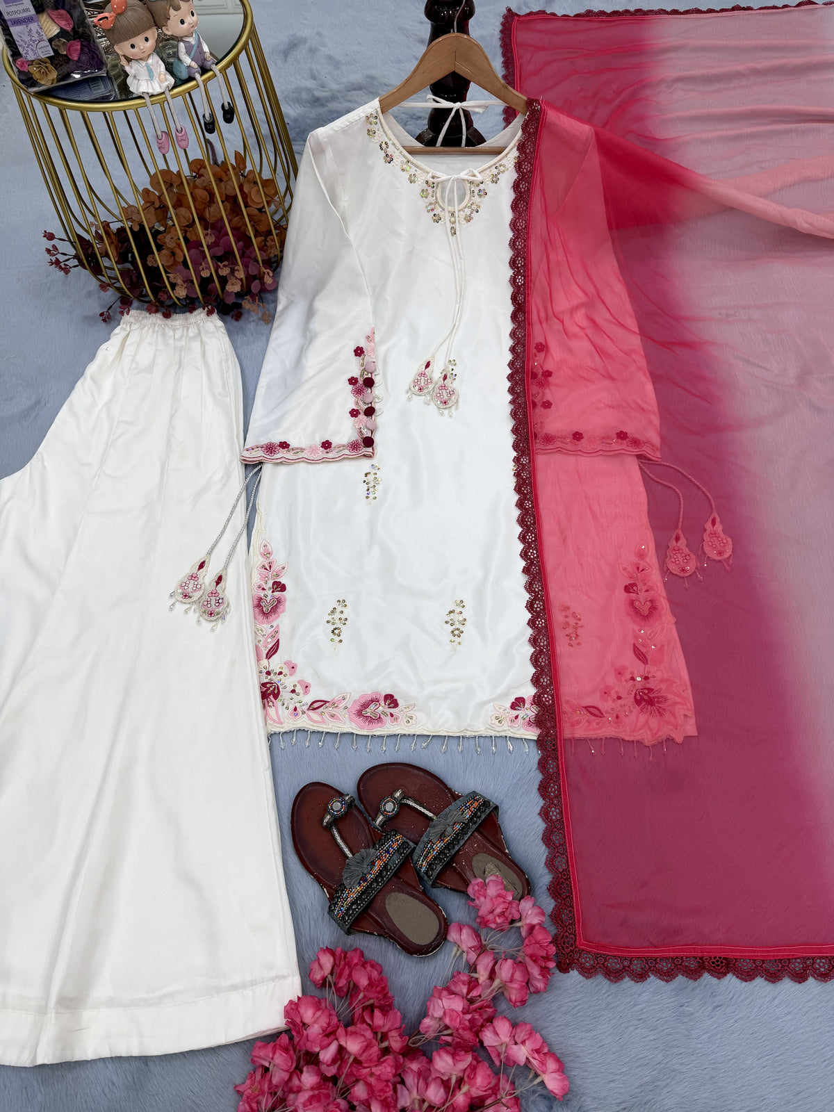 White Crepe Silk Kurta Palazzo Set, view 6