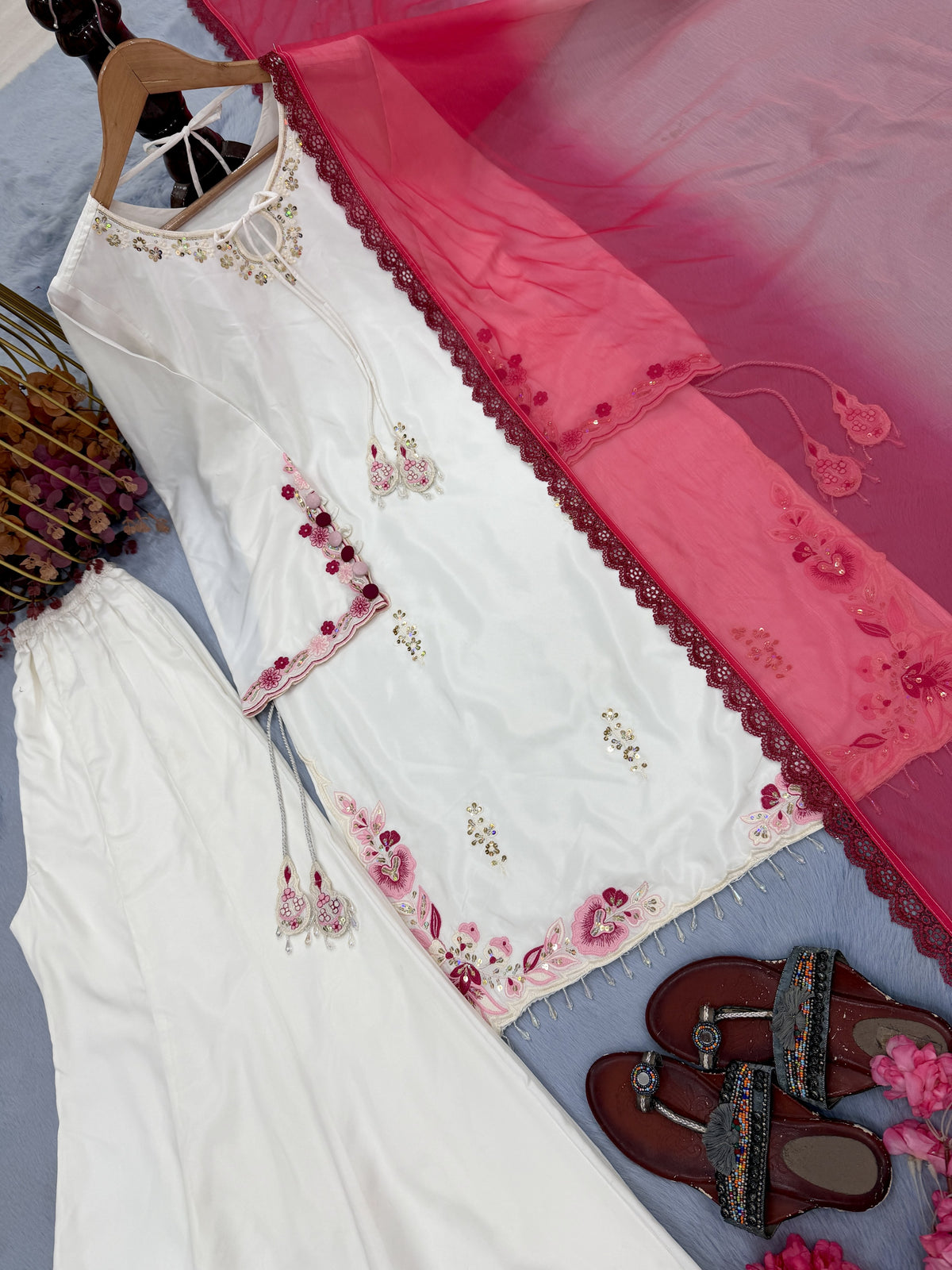 White Crepe Silk Kurta Palazzo Set, view 7