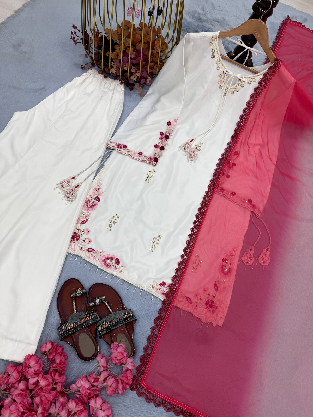 White Crepe Silk Kurta Palazzo Set, view 8