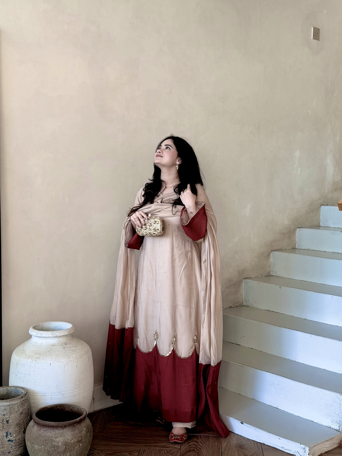 Beige Roman Silk Kaftan Palazzo Set, view 2