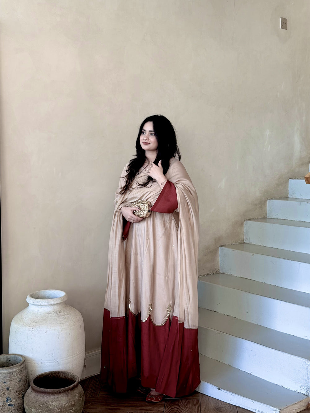 Beige Roman Silk Kaftan Palazzo Set, view 3
