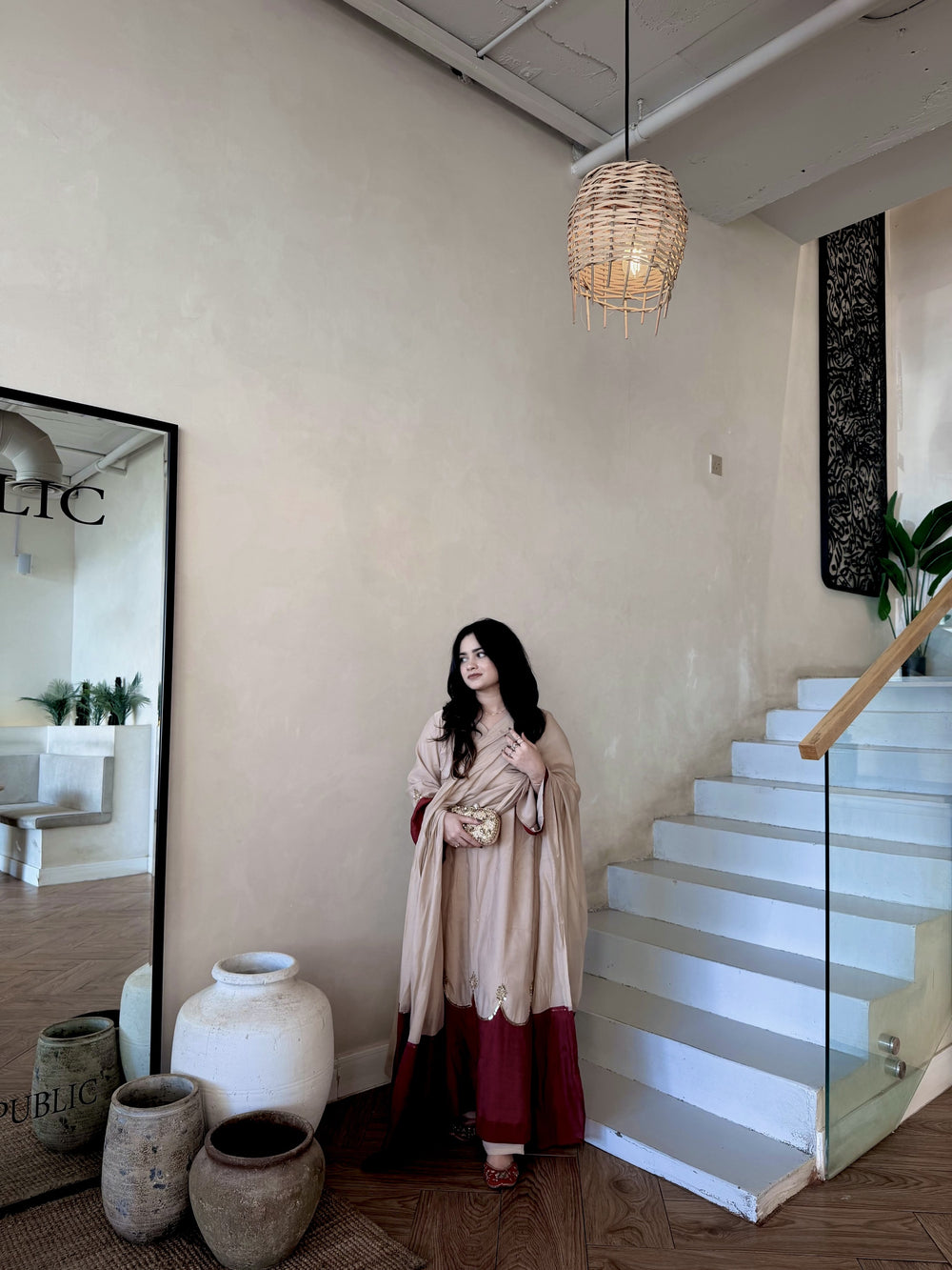 Beige Roman Silk Kaftan Palazzo Set, view 5