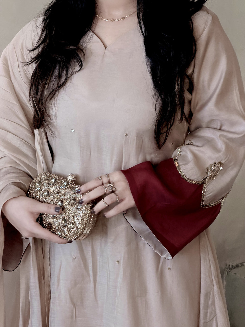 Beige Roman Silk Kaftan Palazzo Set, view 4