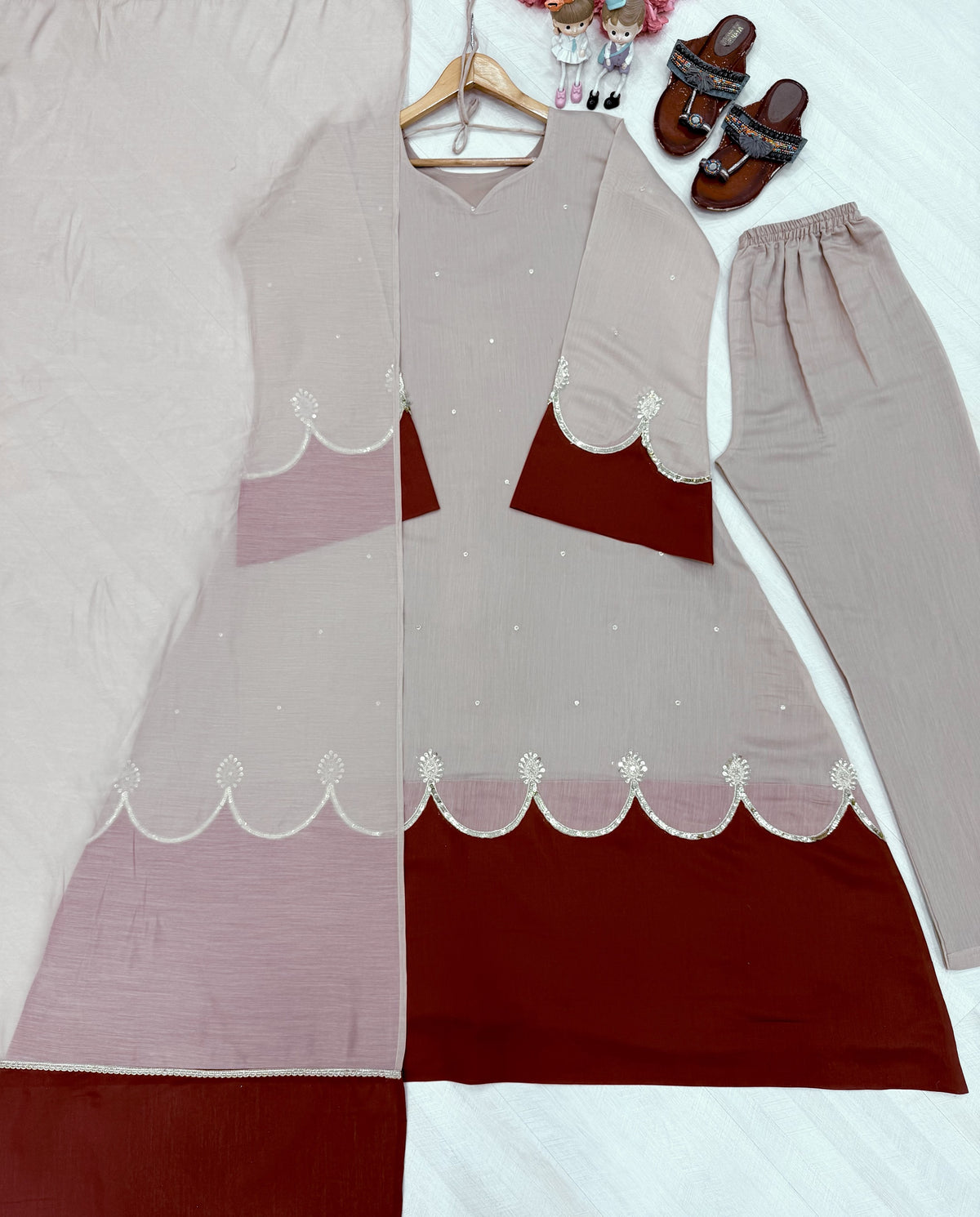 Beige Roman Silk Kaftan Palazzo Set, view 6