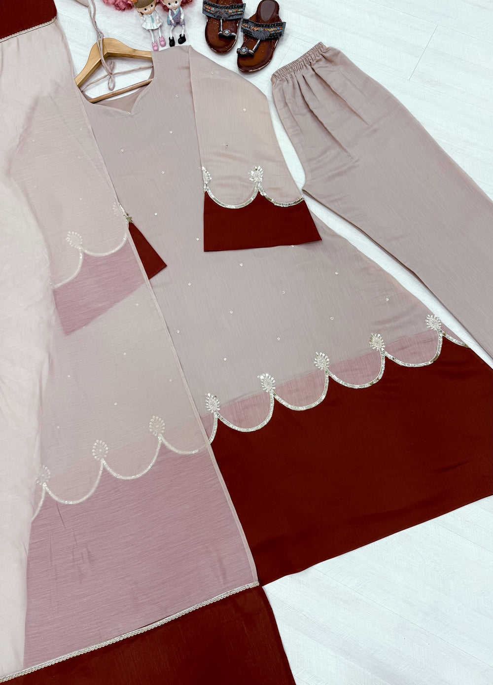 Beige Roman Silk Kaftan Palazzo Set, view 7