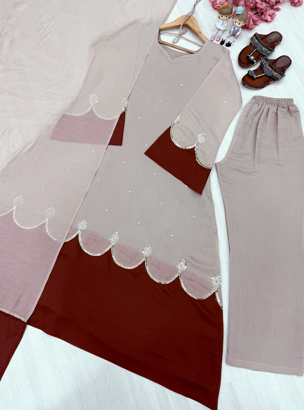 Beige Roman Silk Kaftan Palazzo Set, view 8