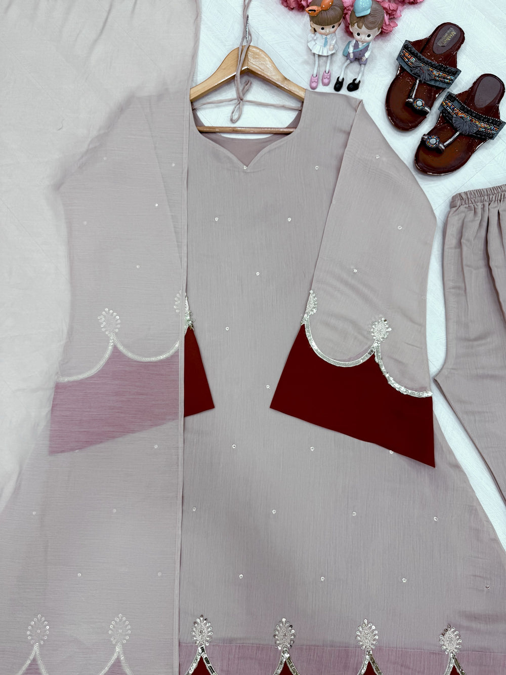 Beige Roman Silk Kaftan Palazzo Set, view 9