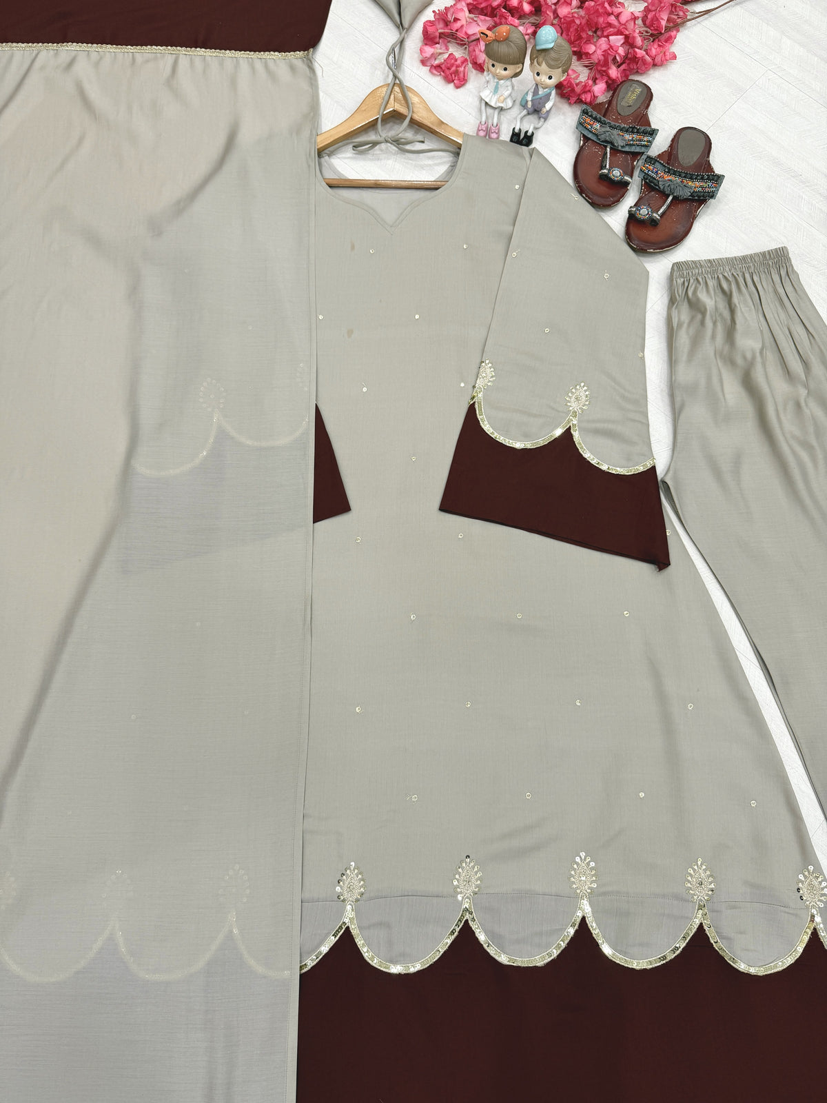 Grey Roman Silk Kaftan Palazzo Set, view 8