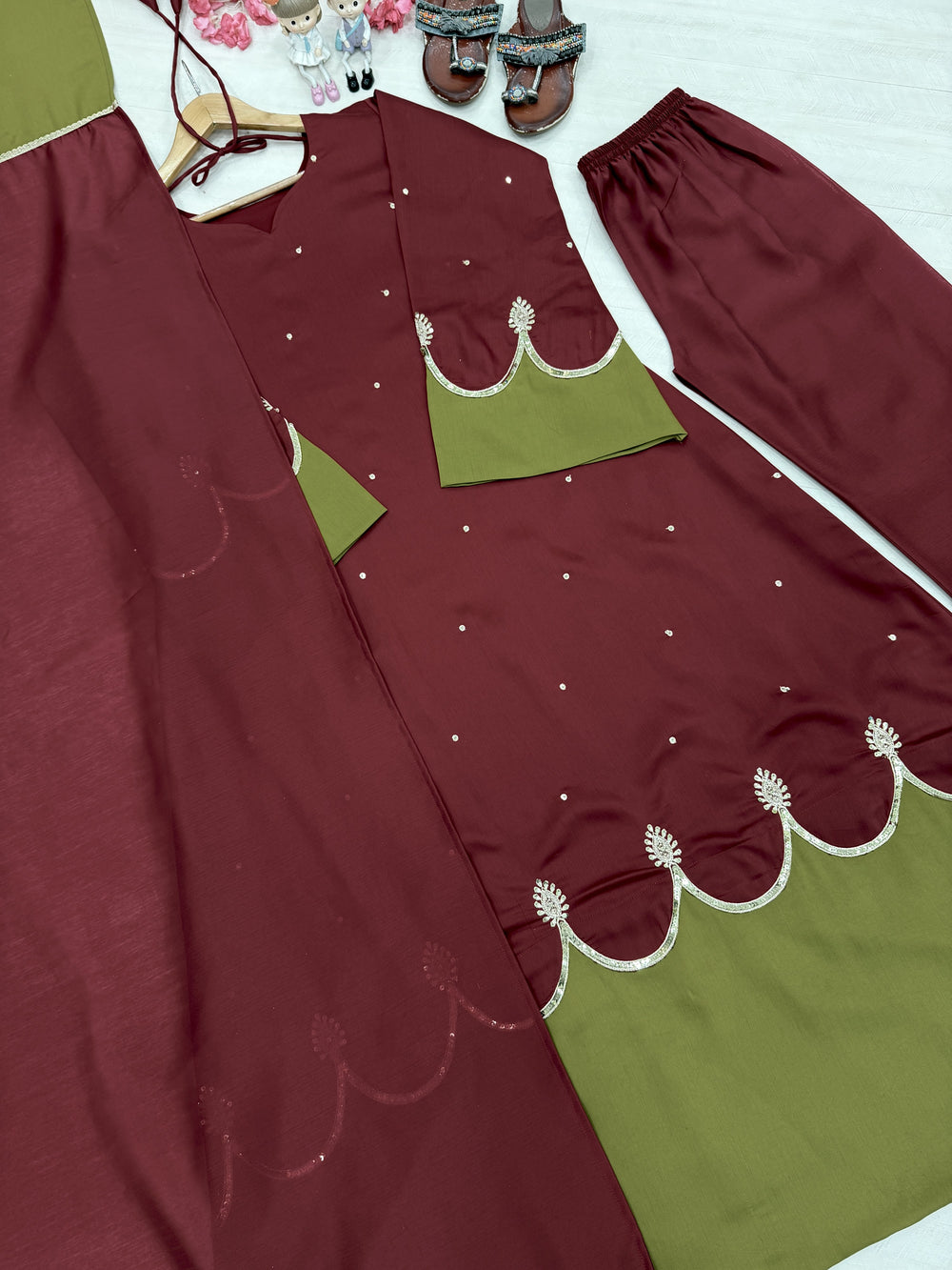 Wine Roman Silk Kaftan Palazzo Set, view 5