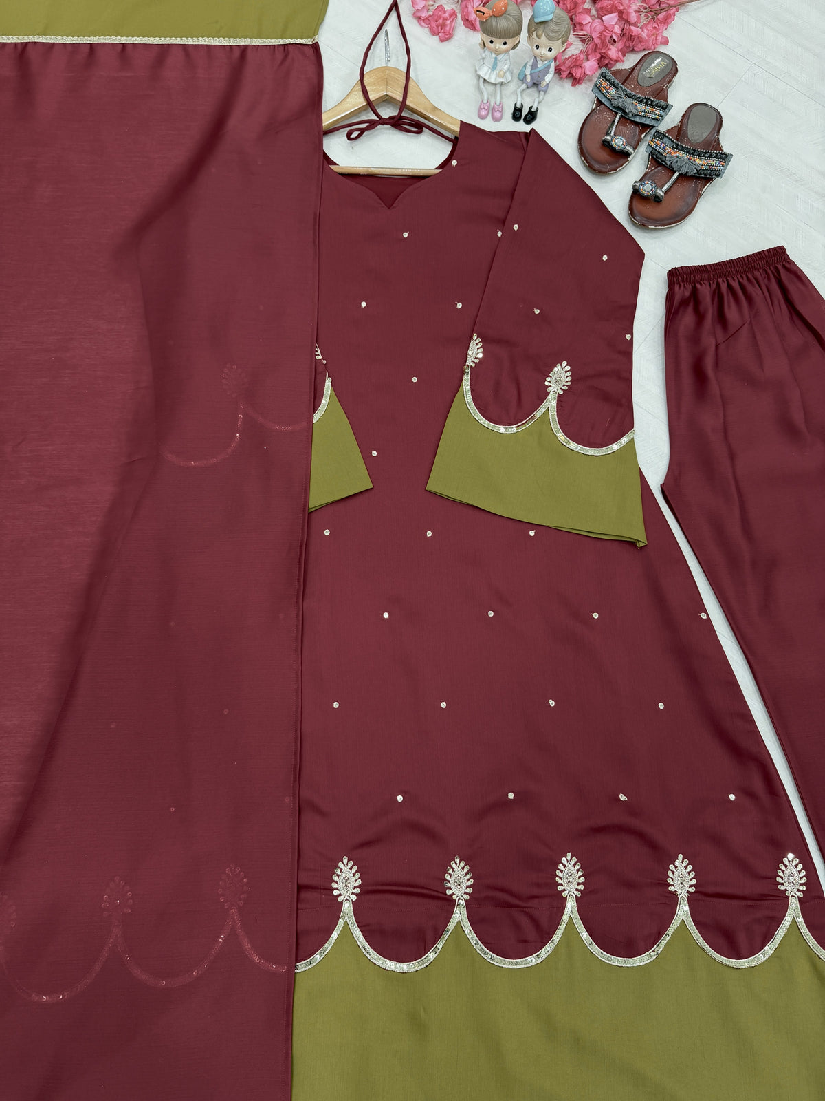 Wine Roman Silk Kaftan Palazzo Set, view 6