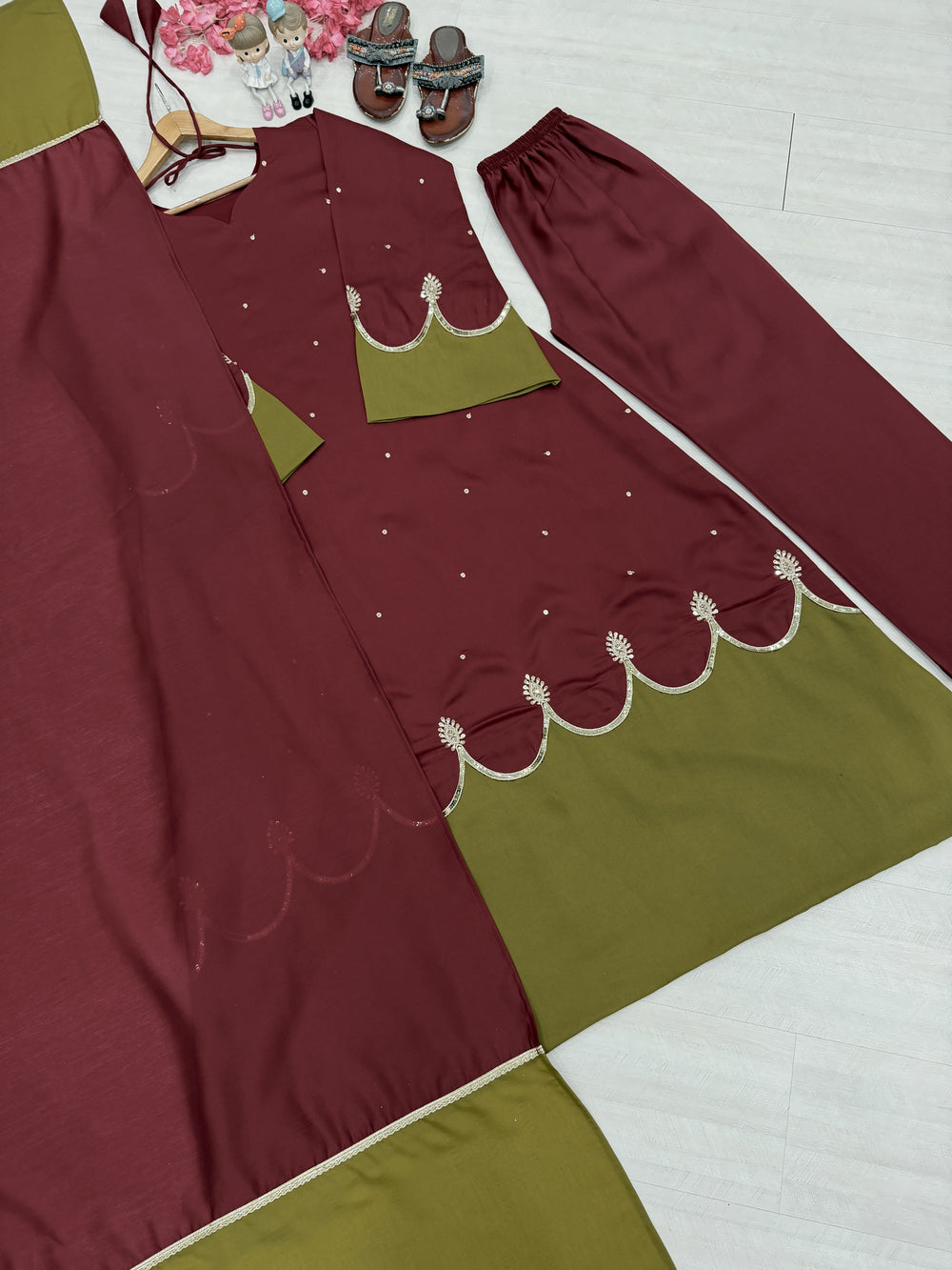 Wine Roman Silk Kaftan Palazzo Set, view 7