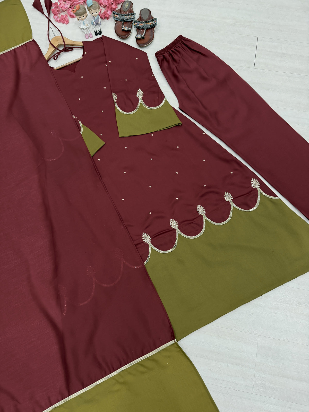 Wine Roman Silk Kaftan Palazzo Set, view 7