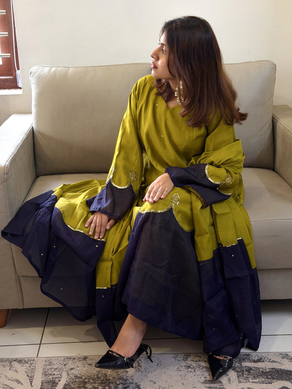 Mustard Yellow Roman Silk Kaftan Palazzo Set, view 3
